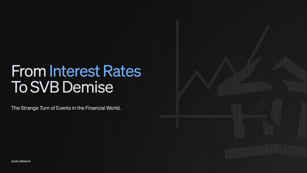 Title card reading From Interest Rates To SVB Demise, with a line chart beside a collapsing bank building in faint lines