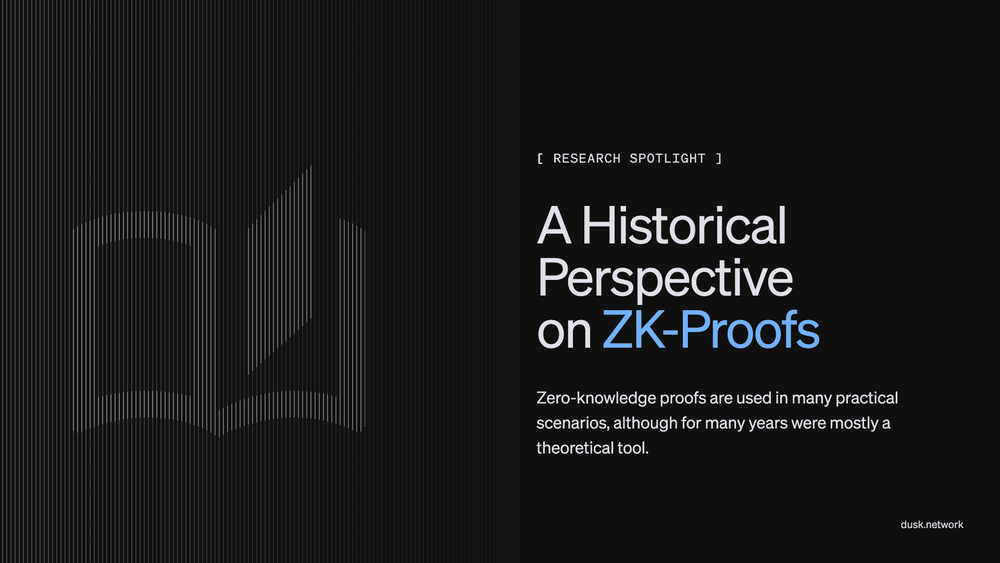 Research Spotlight title card reading A Historical Perspective on ZK-Proofs, with an open book drawn in fine lines