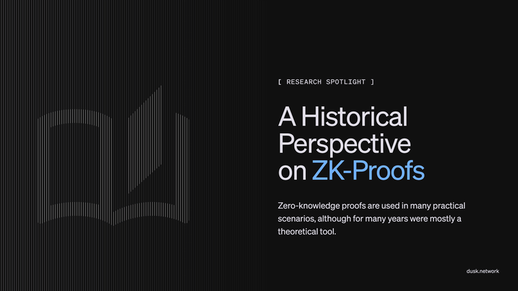 Research Spotlight title card reading A Historical Perspective on ZK-Proofs, with an open book drawn in fine lines